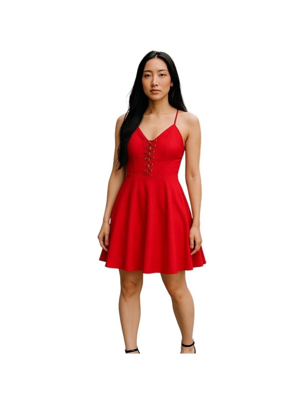 Forever 21 Women's Red Fit & Flare V-Neck Lace Up Skater Dress Dize M
